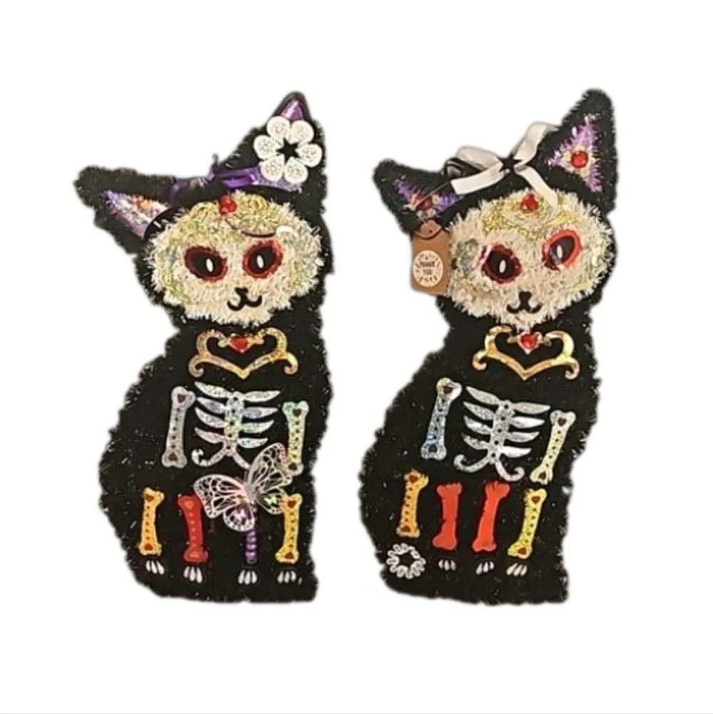 Hand crafted Halloween Cats Set of 2 Black Cats Handmade Holographic Bone detail
